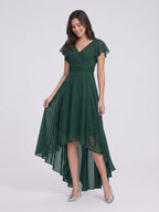 Forest Green Chiffon A-Line V-Neck Back Zip Asymmetrical Bridesmaid Dress with Ruffles - Curvevia