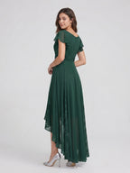 Forest Green Chiffon A-Line V-Neck Back Zip Asymmetrical Bridesmaid Dress with Ruffles - Curvevia