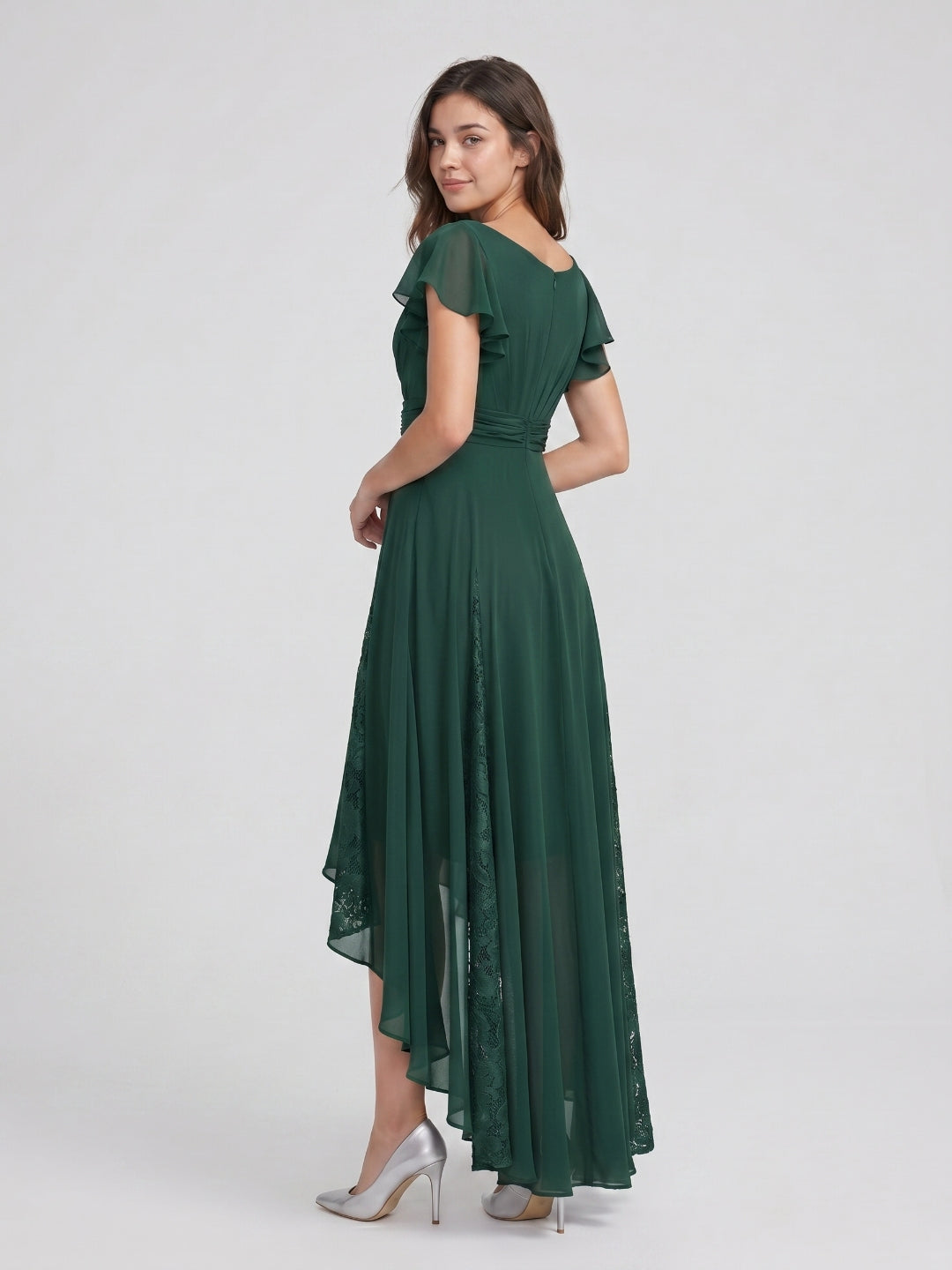 Forest Green Chiffon A-Line V-Neck Back Zip Asymmetrical Bridesmaid Dress with Ruffles - Curvevia