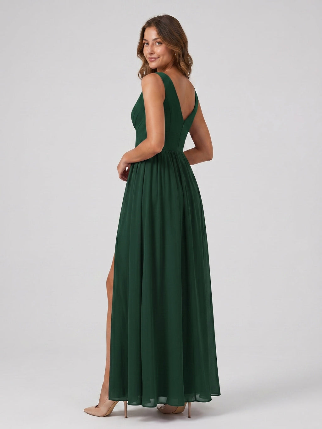 Forest Green Chiffon A-Line V-Neck Back Zip Floor-Length Bridesmaid Dress with Pleating - Curvevia