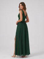Forest Green Chiffon A-Line V-Neck Back Zip Floor-Length Bridesmaid Dress with Pleating - Curvevia