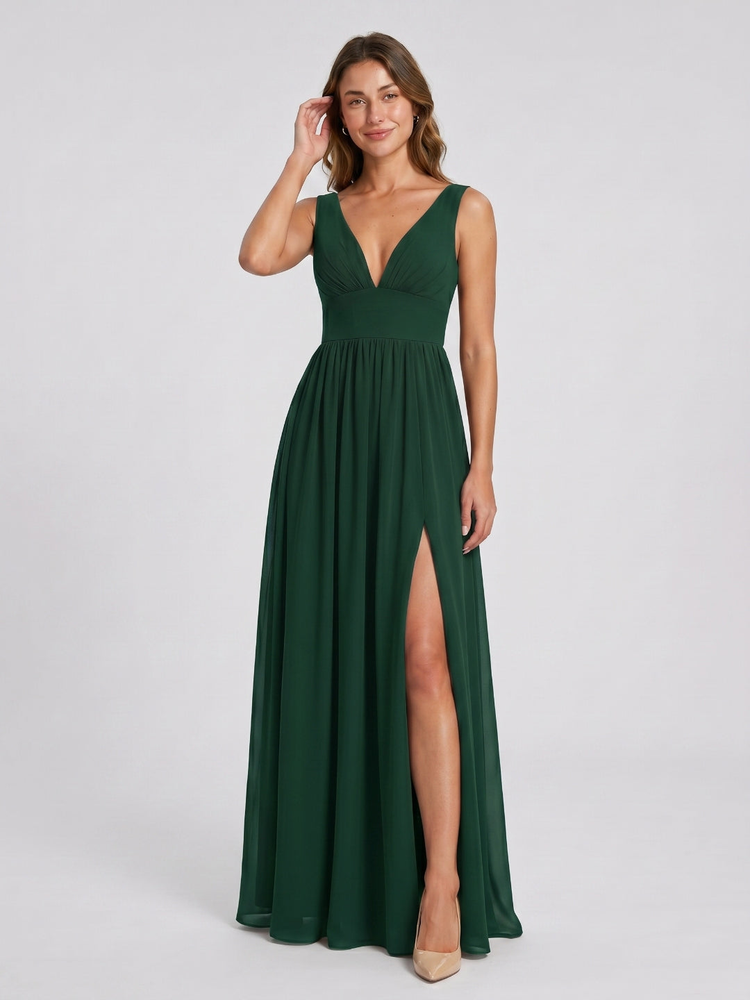 Forest Green Chiffon A-Line V-Neck Back Zip Floor-Length Bridesmaid Dress with Pleating - Curvevia