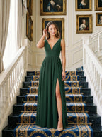 Forest Green Chiffon A-Line V-Neck Back Zip Floor-Length Bridesmaid Dress with Pleating - Curvevia