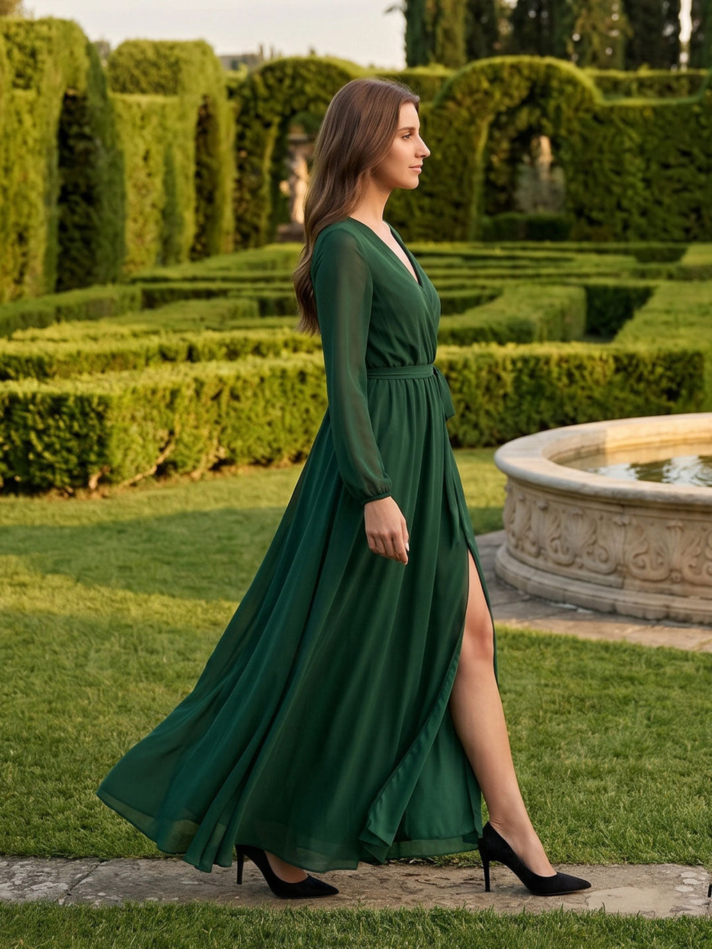 Forest Green Chiffon A-Line V-Neck Back Zip Floor-Length Pleated Bridesmaid Dress - Curvevia