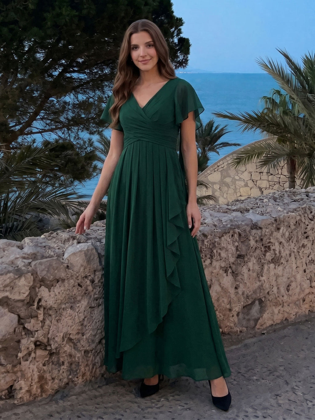 Forest Green Chiffon A-Line V-Neck Backless Floor-Length Ruffle Bridesmaid Dress - Curvevia
