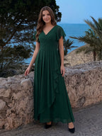 Forest Green Chiffon A-Line V-Neck Backless Floor-Length Ruffle Bridesmaid Dress - Curvevia