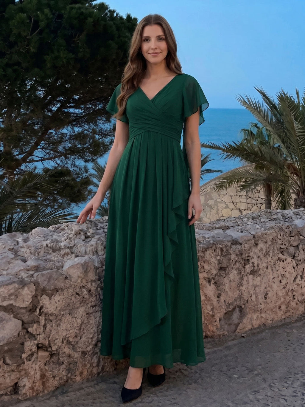 Forest Green Chiffon A-Line V-Neck Backless Floor-Length Ruffle Bridesmaid Dress - Curvevia