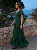 Forest Green Chiffon A-Line V-Neck Backless Floor-Length Ruffle Bridesmaid Dress - Curvevia