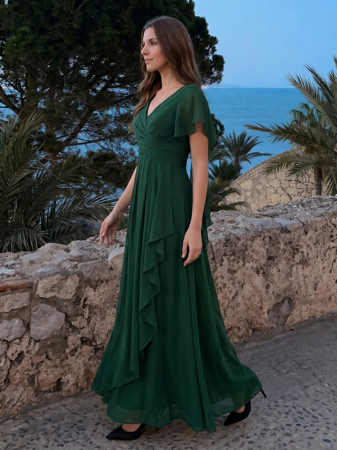 Forest Green Chiffon A-Line V-Neck Backless Floor-Length Ruffle Bridesmaid Dress - Curvevia