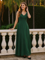 Forest Green Chiffon A-Line V-Neck Bow Back Floor-Length Bridesmaid Dress with Bow - Curvevia