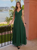 Forest Green Chiffon A-Line V-Neck Keyhole Back Floor-Length Pleated Bridesmaid Dress - Curvevia