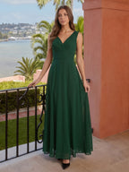 Forest Green Chiffon A-Line V-Neck Keyhole Back Floor-Length Pleated Bridesmaid Dress - Curvevia
