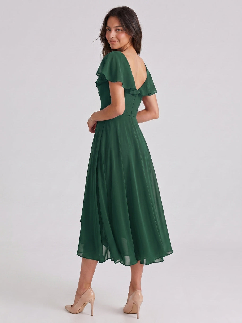 Forest Green Chiffon A-Line V-Neck V-Back Asymmetrical Bridesmaid Dress with Ruffles - Curvevia