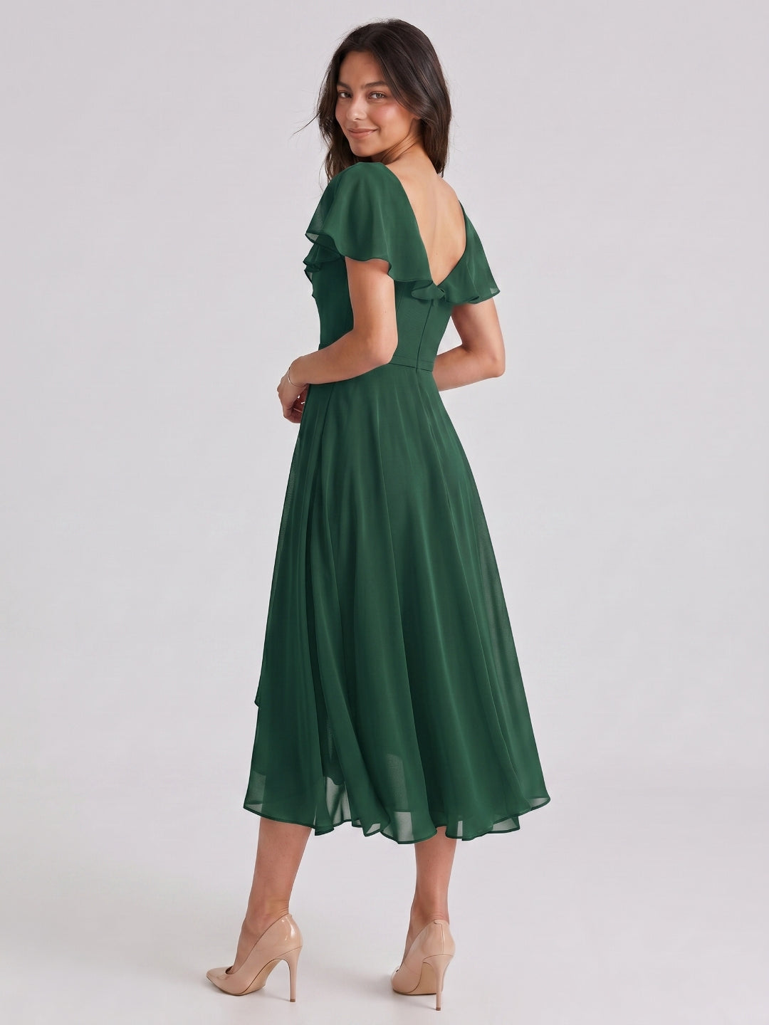 Forest Green Chiffon A-Line V-Neck V-Back Asymmetrical Bridesmaid Dress with Ruffles - Curvevia