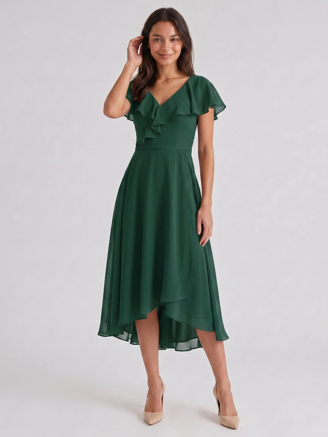 Forest Green Chiffon A-Line V-Neck V-Back Asymmetrical Bridesmaid Dress with Ruffles - Curvevia