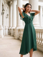 Forest Green Chiffon A-Line V-Neck V-Back Asymmetrical Bridesmaid Dress with Ruffles - Curvevia