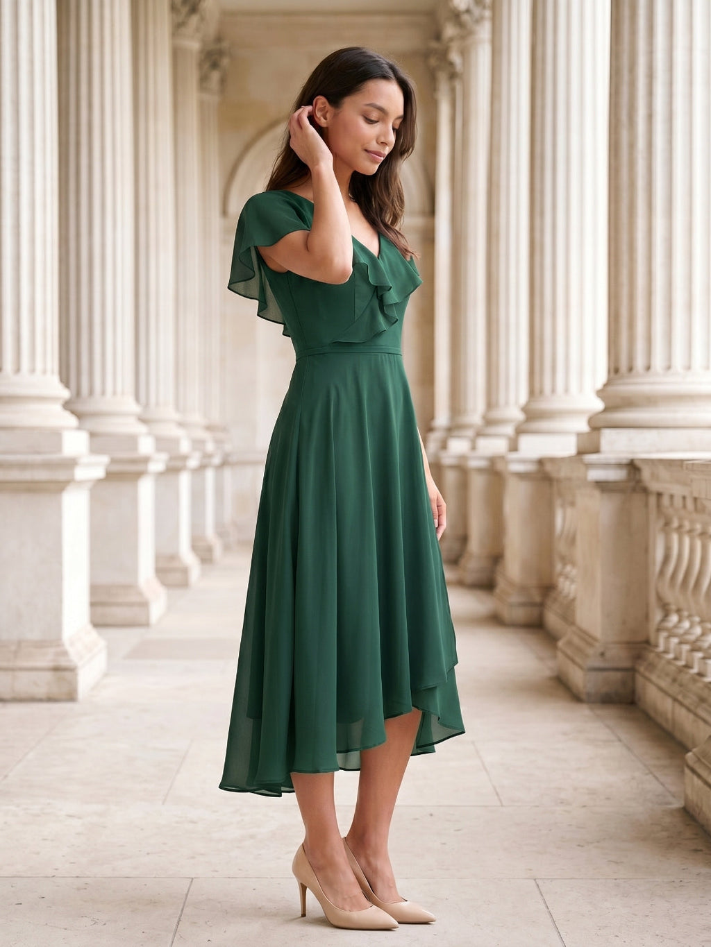 Forest Green Chiffon A-Line V-Neck V-Back Asymmetrical Bridesmaid Dress with Ruffles - Curvevia