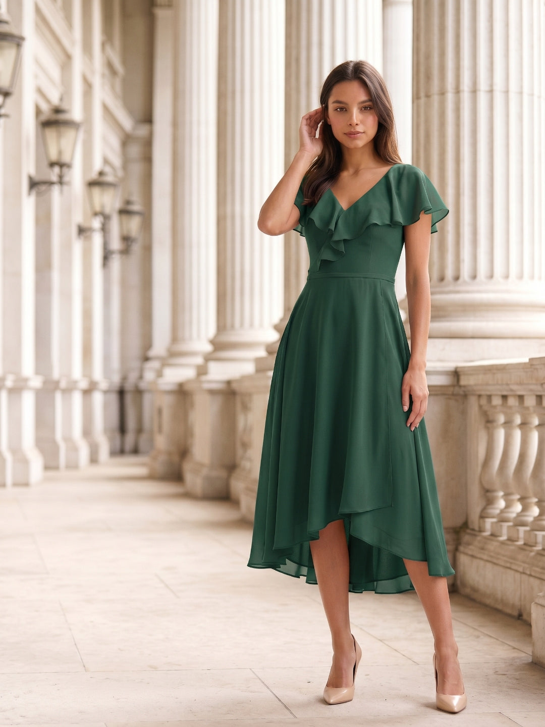 Forest Green Chiffon A-Line V-Neck V-Back Asymmetrical Bridesmaid Dress with Ruffles - Curvevia
