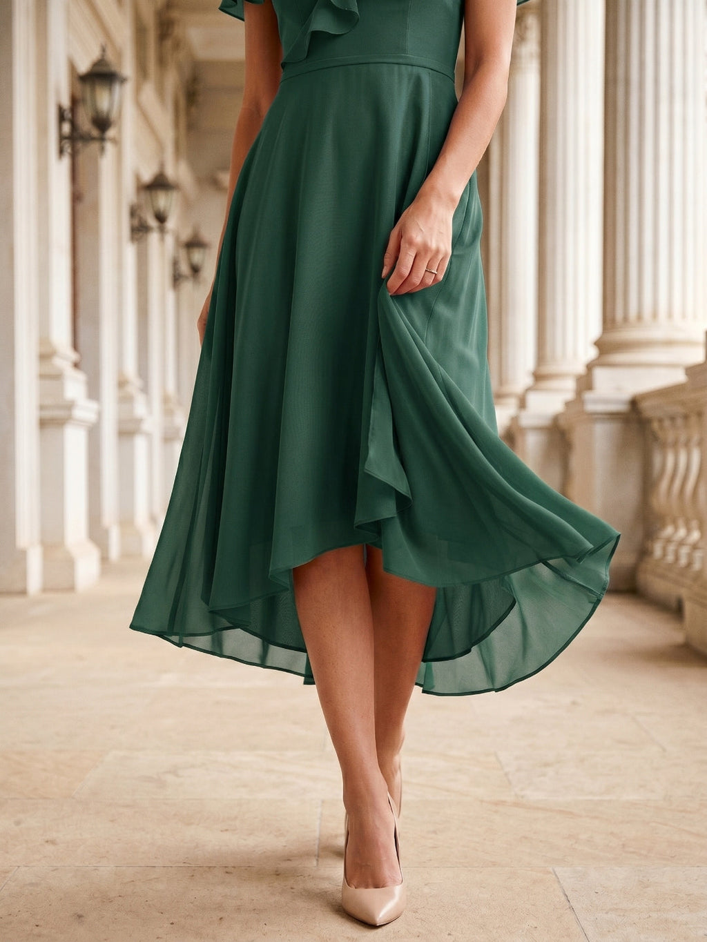 Forest Green Chiffon A-Line V-Neck V-Back Asymmetrical Bridesmaid Dress with Ruffles - Curvevia