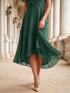 Forest Green Chiffon A-Line V-Neck V-Back Asymmetrical Bridesmaid Dress with Ruffles - Curvevia