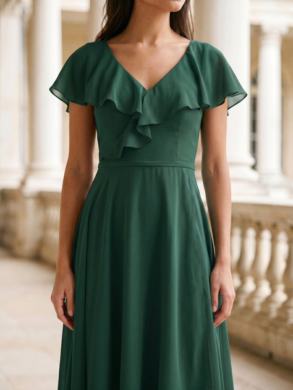 Forest Green Chiffon A-Line V-Neck V-Back Asymmetrical Bridesmaid Dress with Ruffles - Curvevia