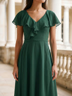 Forest Green Chiffon A-Line V-Neck V-Back Asymmetrical Bridesmaid Dress with Ruffles - Curvevia