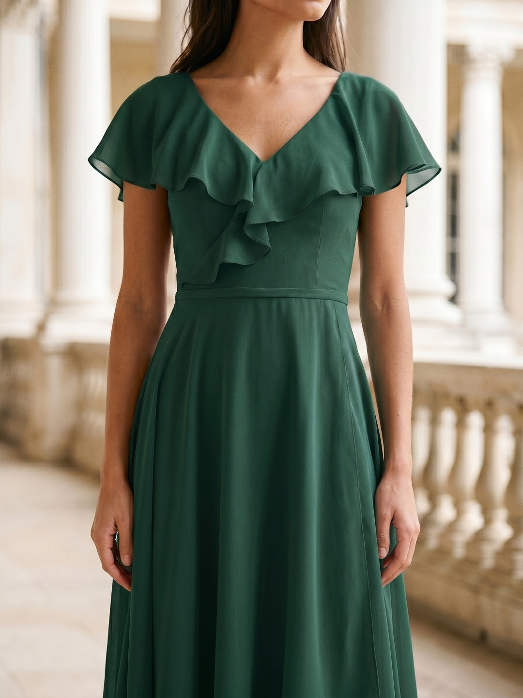 Forest Green Chiffon A-Line V-Neck V-Back Asymmetrical Bridesmaid Dress with Ruffles - Curvevia