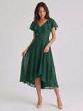 Forest Green Chiffon A-Line V-Neck V-Back Asymmetrical Bridesmaid Dress with Ruffles - Curvevia