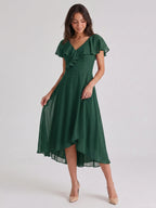 Forest Green Chiffon A-Line V-Neck V-Back Asymmetrical Bridesmaid Dress with Ruffles - Curvevia