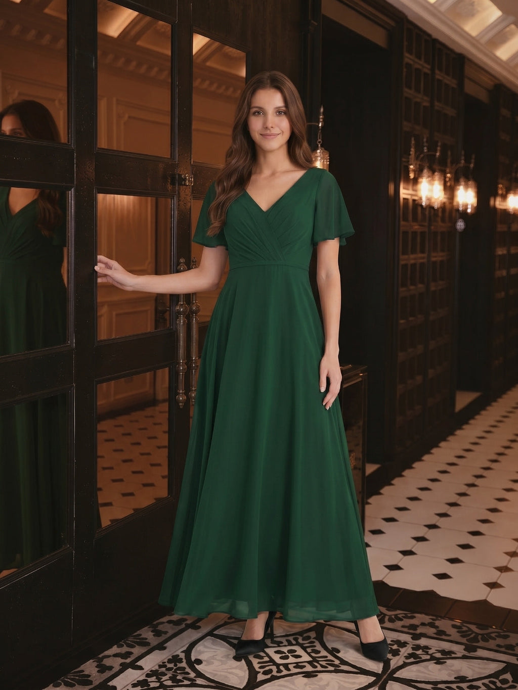 Forest Green Chiffon A-Line V-Neck V-Back Floor-Length Bridesmaid Dress - Curvevia