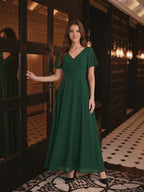 Forest Green Chiffon A-Line V-Neck V-Back Floor-Length Bridesmaid Dress - Curvevia