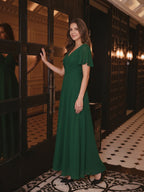 Forest Green Chiffon A-Line V-Neck V-Back Floor-Length Bridesmaid Dress - Curvevia