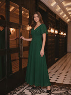 Forest Green Chiffon A-Line V-Neck V-Back Floor-Length Bridesmaid Dress - Curvevia