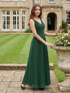 Forest Green Chiffon A-Line V-Neck V-Back Floor-Length Pleated Bridesmaid Dress - Curvevia