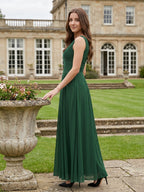 Forest Green Chiffon A-Line V-Neck V-Back Floor-Length Pleated Bridesmaid Dress - Curvevia