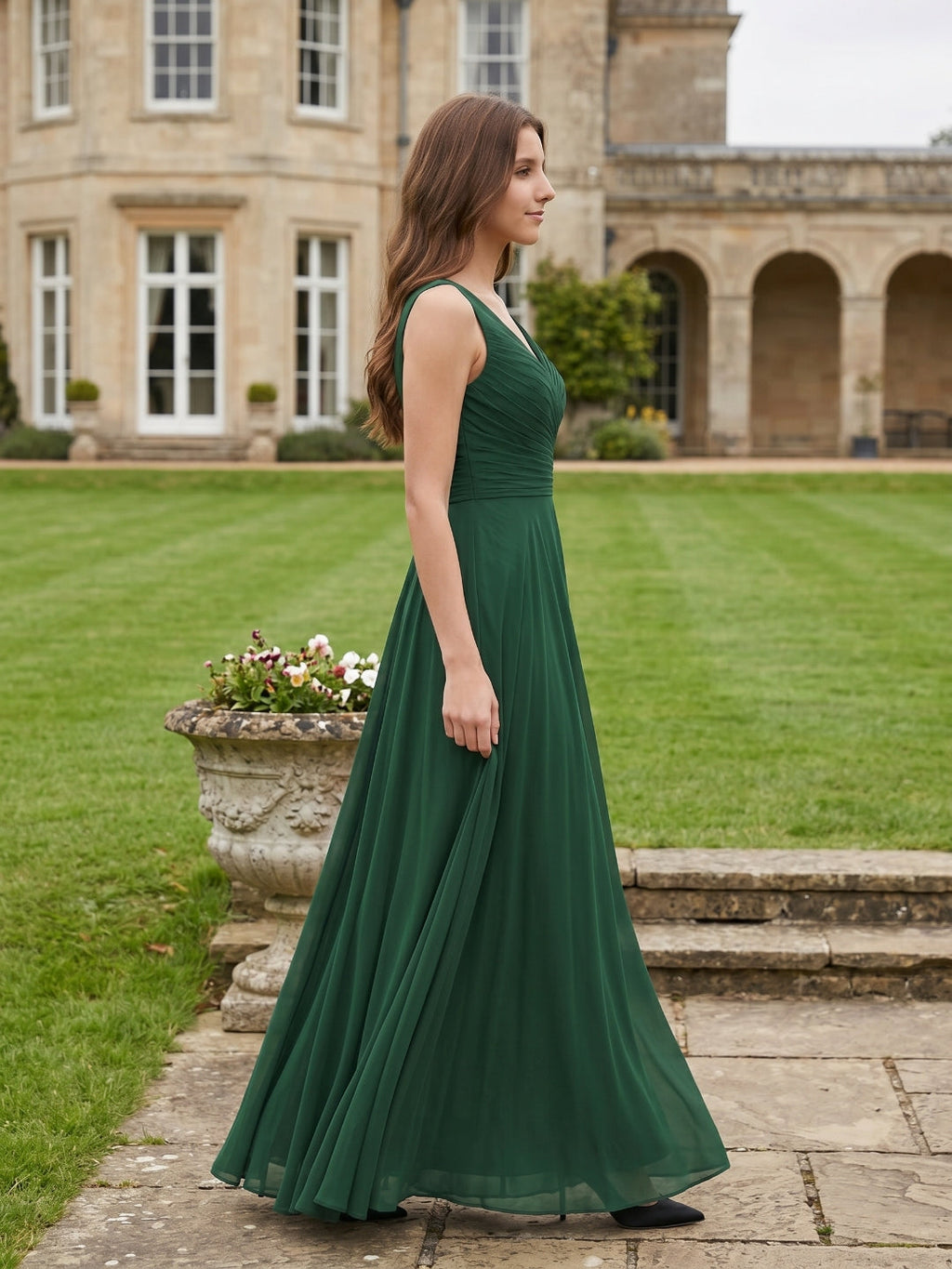Forest Green Chiffon A-Line V-Neck V-Back Floor-Length Pleated Bridesmaid Dress - Curvevia