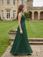 Forest Green Chiffon A-Line V-Neck V-Back Floor-Length Pleated Bridesmaid Dress - Curvevia
