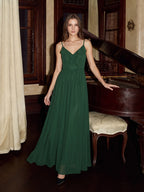 Forest Green Chiffon A-Line V-Neck V-Back Floor-Length Ruffle Bridesmaid Dress - Curvevia