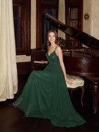 Forest Green Chiffon A-Line V-Neck V-Back Floor-Length Ruffle Bridesmaid Dress - Curvevia