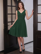 Forest Green Chiffon A-Line V-Neck V-Back Knee-Length Pleated Bridesmaid Dress - Curvevia