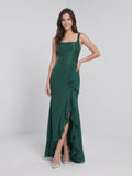 Forest Green Jacquard Sheath Square Criss-Cross Asymmetrical Dress with Ruffles - Curvevia