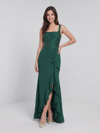 Forest Green Jacquard Sheath Square Criss-Cross Asymmetrical Dress with Ruffles - Curvevia