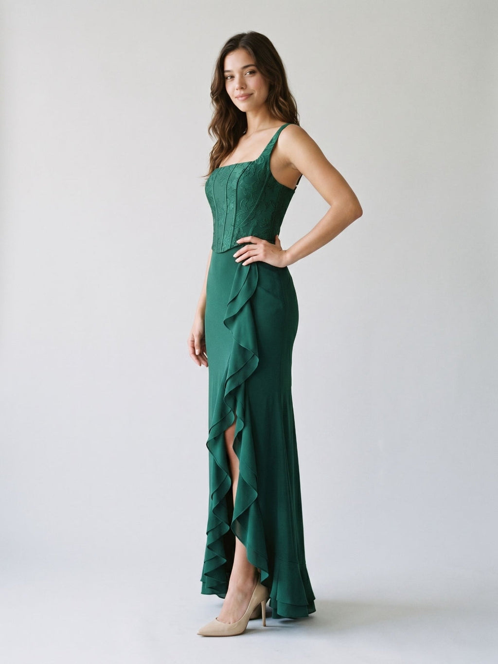 Forest Green Jacquard Sheath Square Criss-Cross Asymmetrical Dress with Ruffles - Curvevia