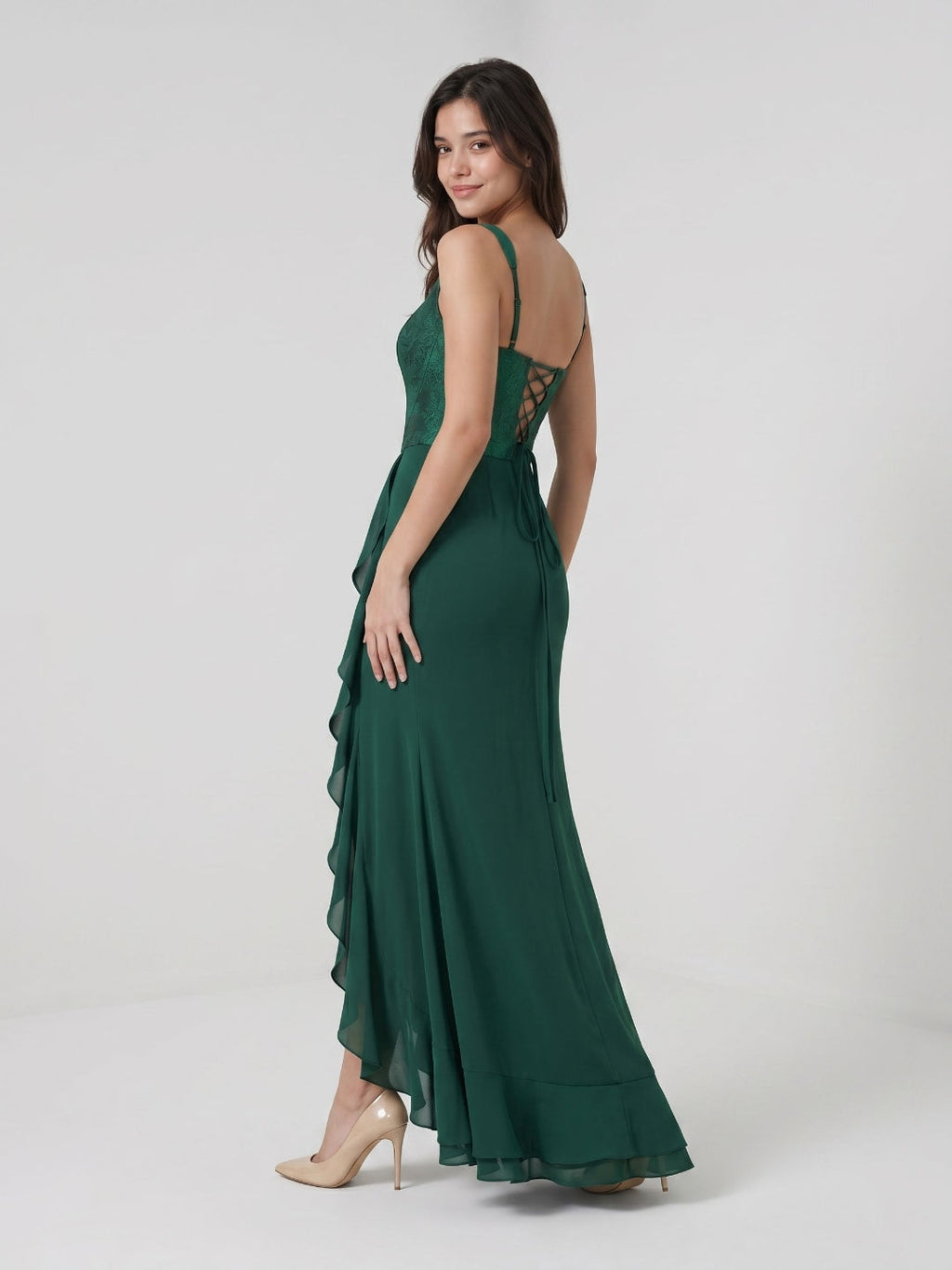 Forest Green Jacquard Sheath Square Criss-Cross Asymmetrical Dress with Ruffles - Curvevia