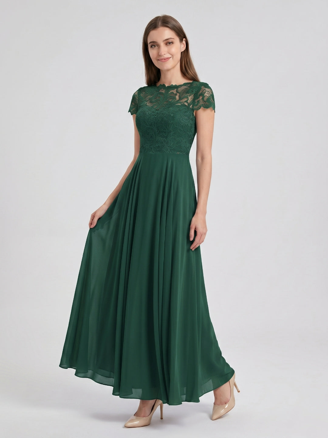 Forest Green Lace A-Line Scoop Neck Back Zip Floor-Length Bridesmaid Dress with Pockets - Curvevia
