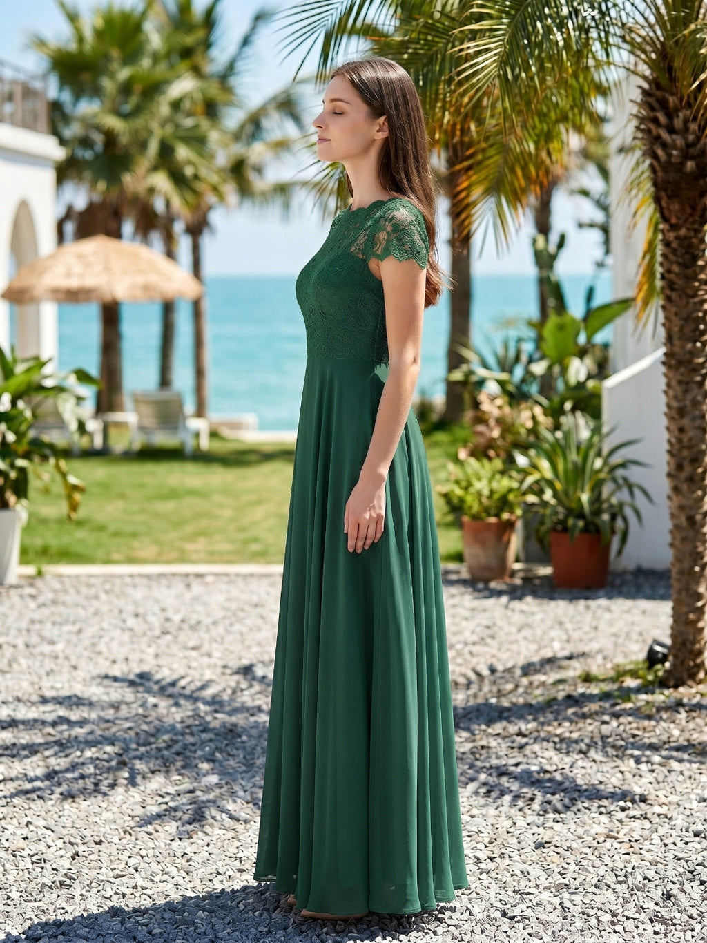 Forest Green Lace A-Line Scoop Neck Back Zip Floor-Length Bridesmaid Dress with Pockets - Curvevia