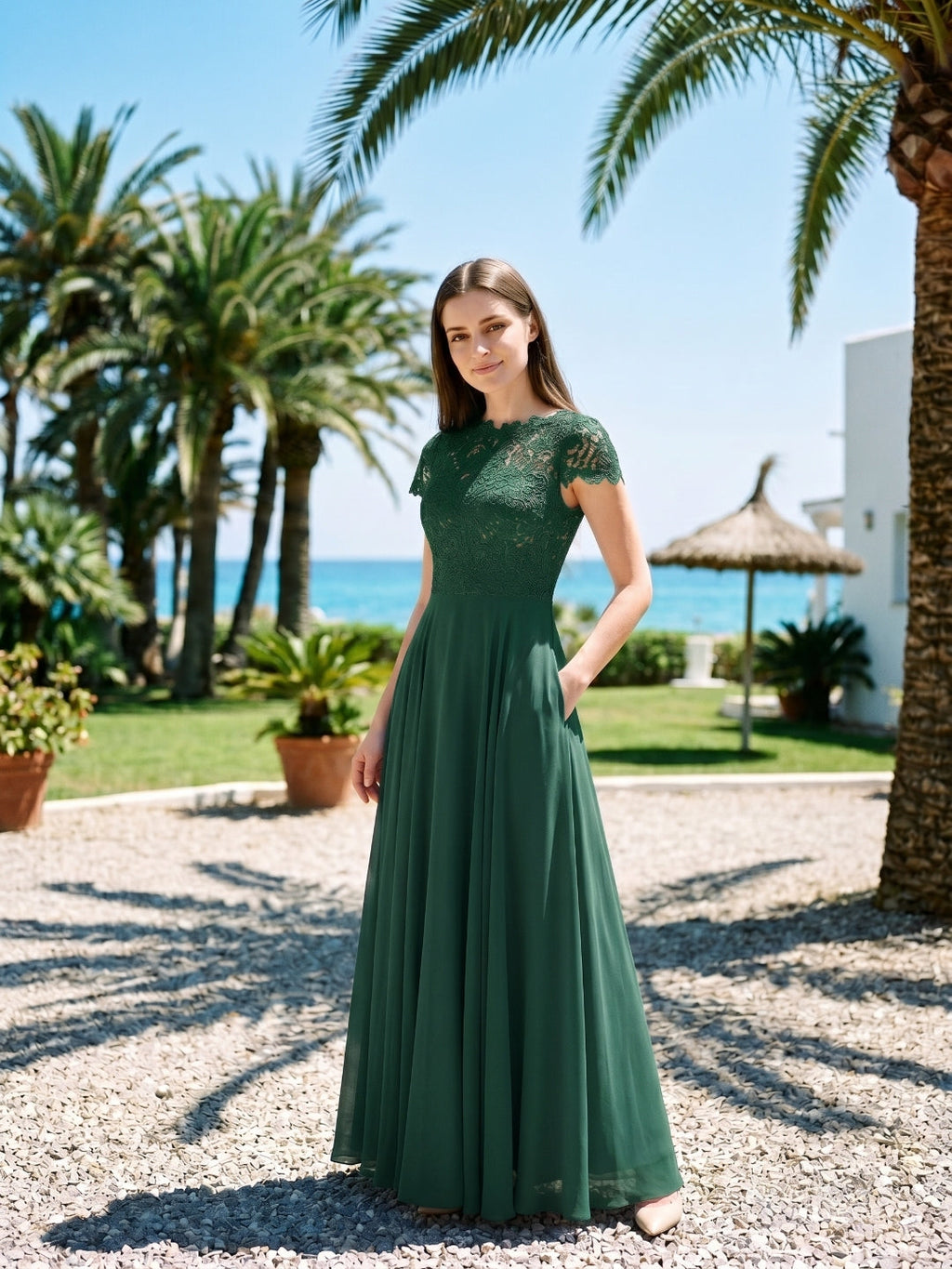Forest Green Lace A-Line Scoop Neck Back Zip Floor-Length Bridesmaid Dress with Pockets - Curvevia
