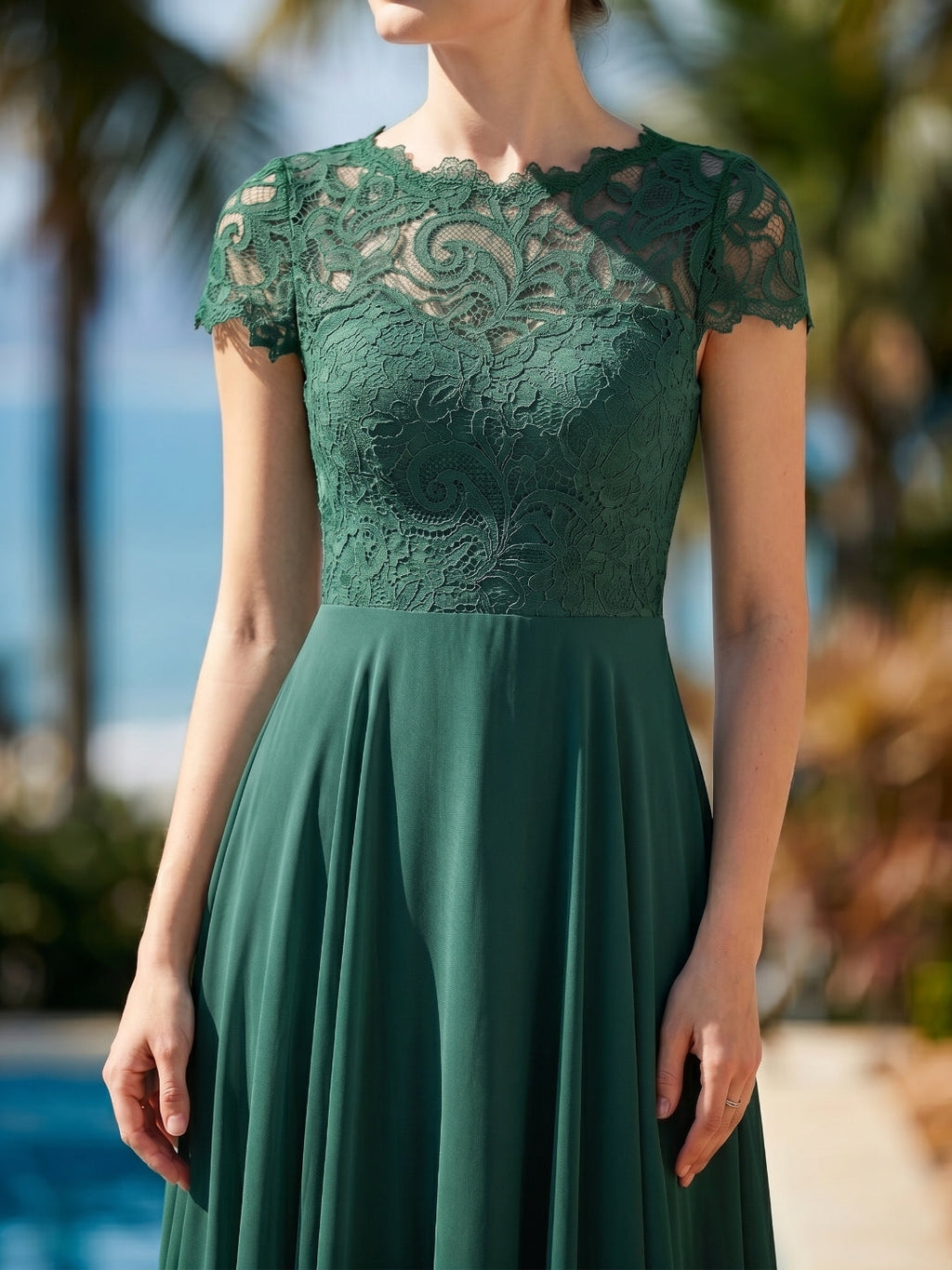 Forest Green Lace A-Line Scoop Neck Back Zip Floor-Length Bridesmaid Dress with Pockets - Curvevia