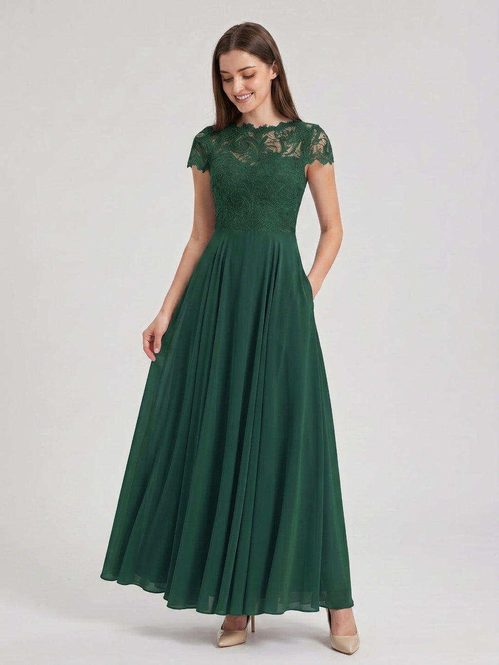 Forest Green Lace A-Line Scoop Neck Back Zip Floor-Length Bridesmaid Dress with Pockets - Curvevia