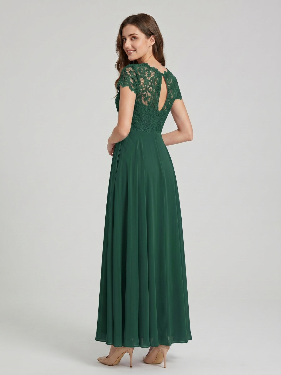 Forest Green Lace A-Line Scoop Neck Back Zip Floor-Length Bridesmaid Dress with Pockets - Curvevia